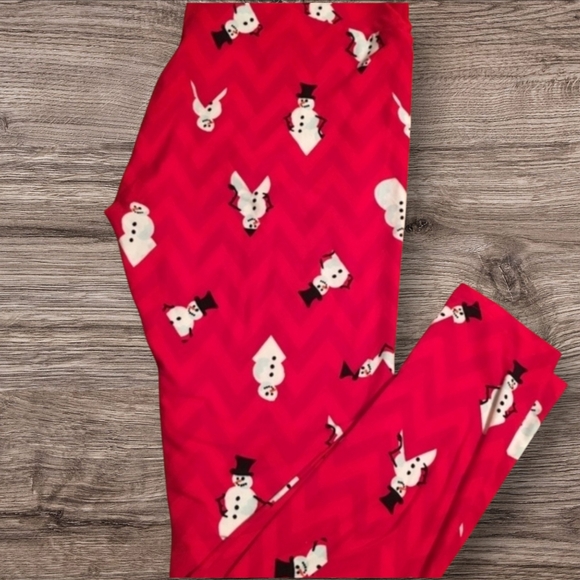 LulaRoe Red Chevron Snowman Legging Holiday Christmas - Picture 1 of 5